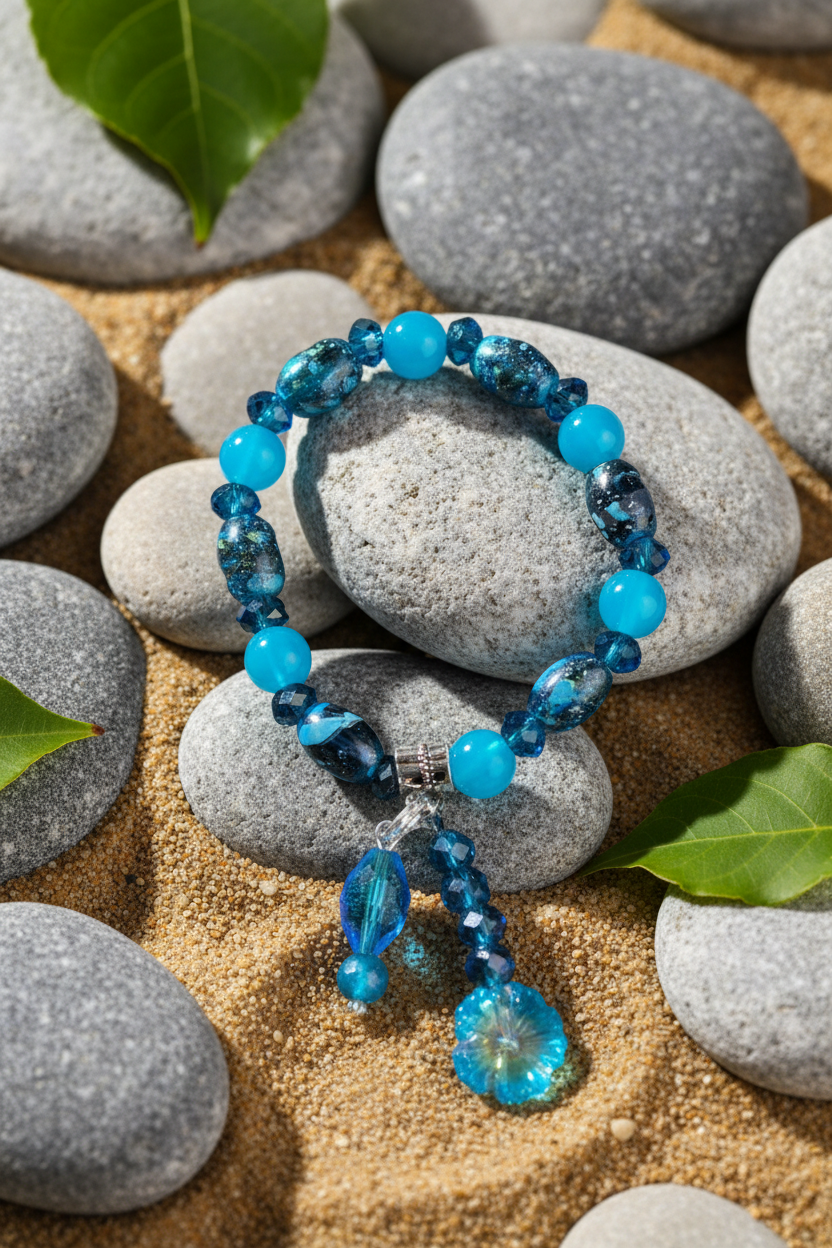 A blue beaded bracelet with faceted beads and a dangling teardrop charm, displayed on smooth gray stones over sand with green leaves.