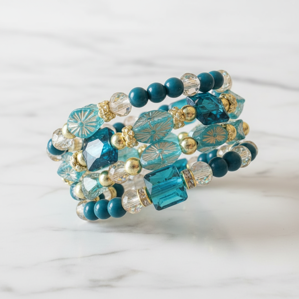 A stack of three beaded wrap bracelets featuring teal beads, faceted turquoise crystals, and clear crystal beads with gold spacer accents, displayed on a white marble surface.