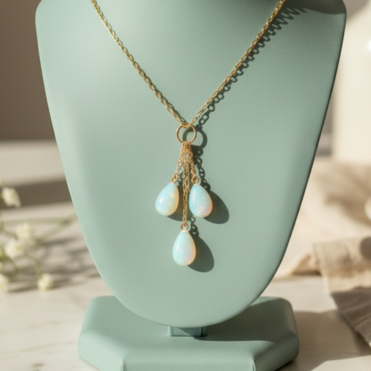 Heartfelt Creations silver-toned dangle necklace featuring three teardrop-shaped light blue cabochon gemstones  suspended from a delicate silver chain.
