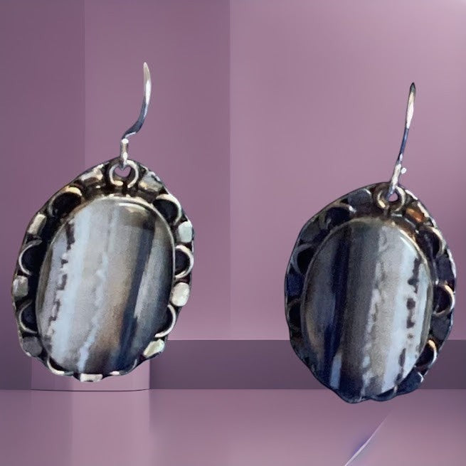 Heartfelt Creations oval drop earrings with polished grey and white banded stones in vintage scalloped metal frames.