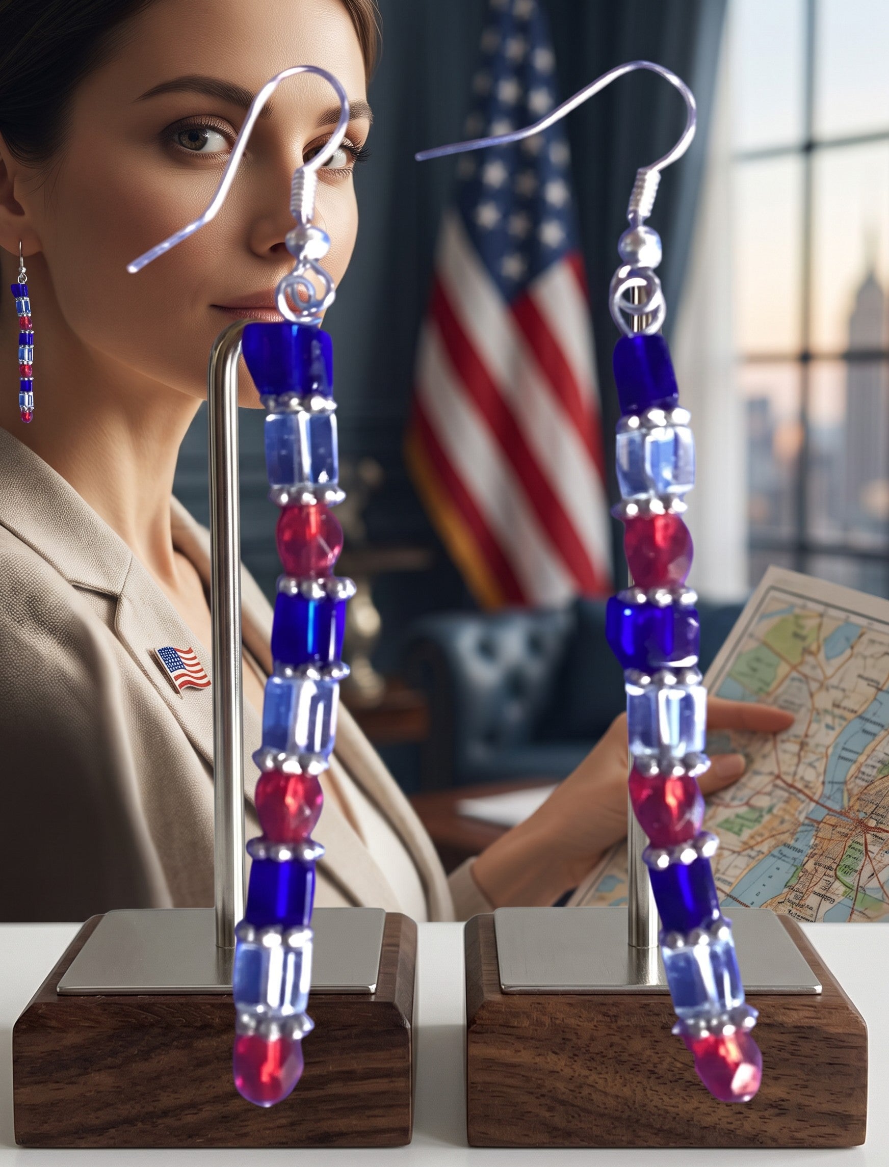 Heartfelt Creations handcrafted beaded dangle earrings with red, white, and blue geometric beads on silver hooks.