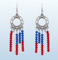 Heartfelt Creations patriotic beaded fringe dangle earrings with red, white, and blue glass beads and silver charms.
