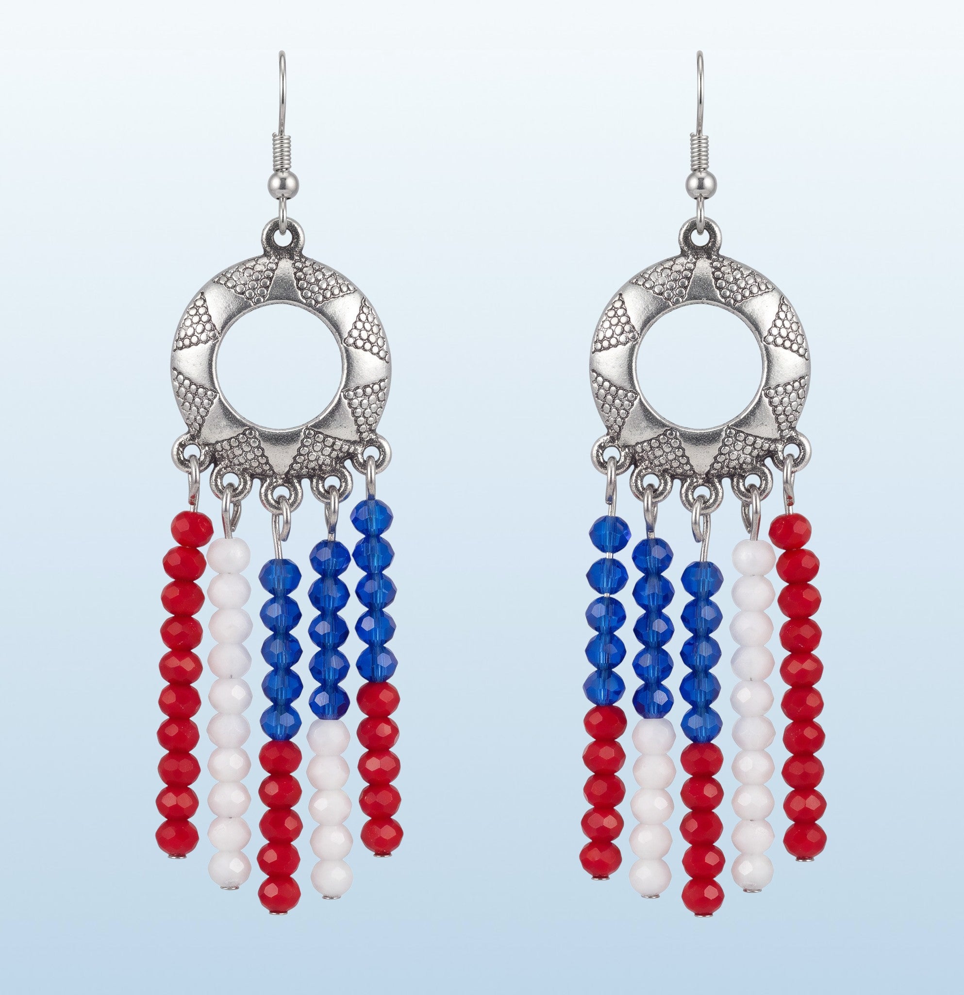 Heartfelt Creations patriotic beaded fringe dangle earrings with red, white, and blue glass beads and silver charms.