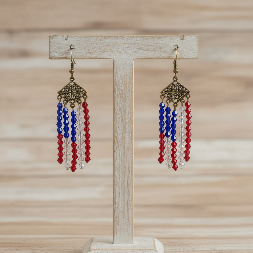 A pair of dangling crystal earrings displayed on a small wooden stand against a softly blurred light wood background. Each earring has an antique gold-tone filigree top with dangling strands of faceted beads in red, blue, and clear, arranged like the American flag.
