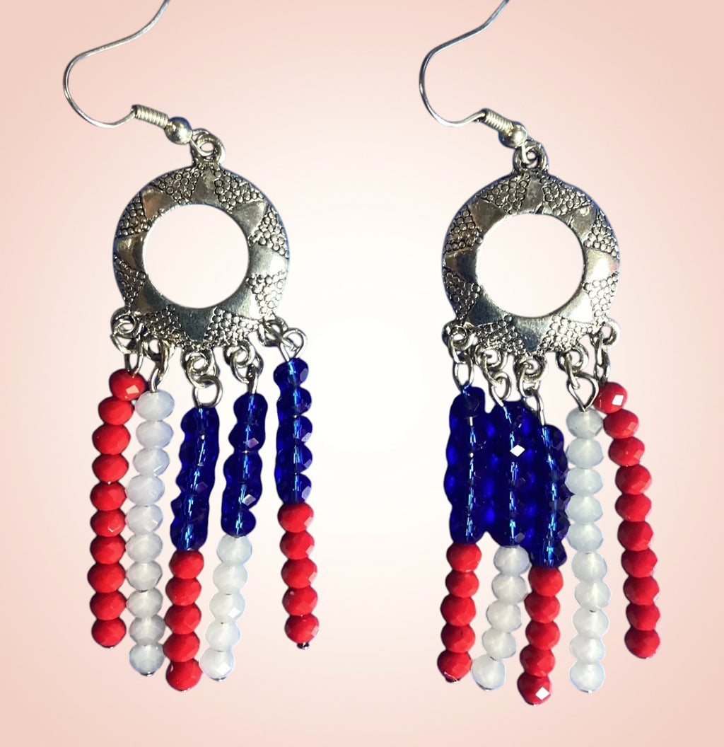 Heartfelt Creations patriotic beaded fringe dangle earrings with red, white, and blue glass beads and silver charms.