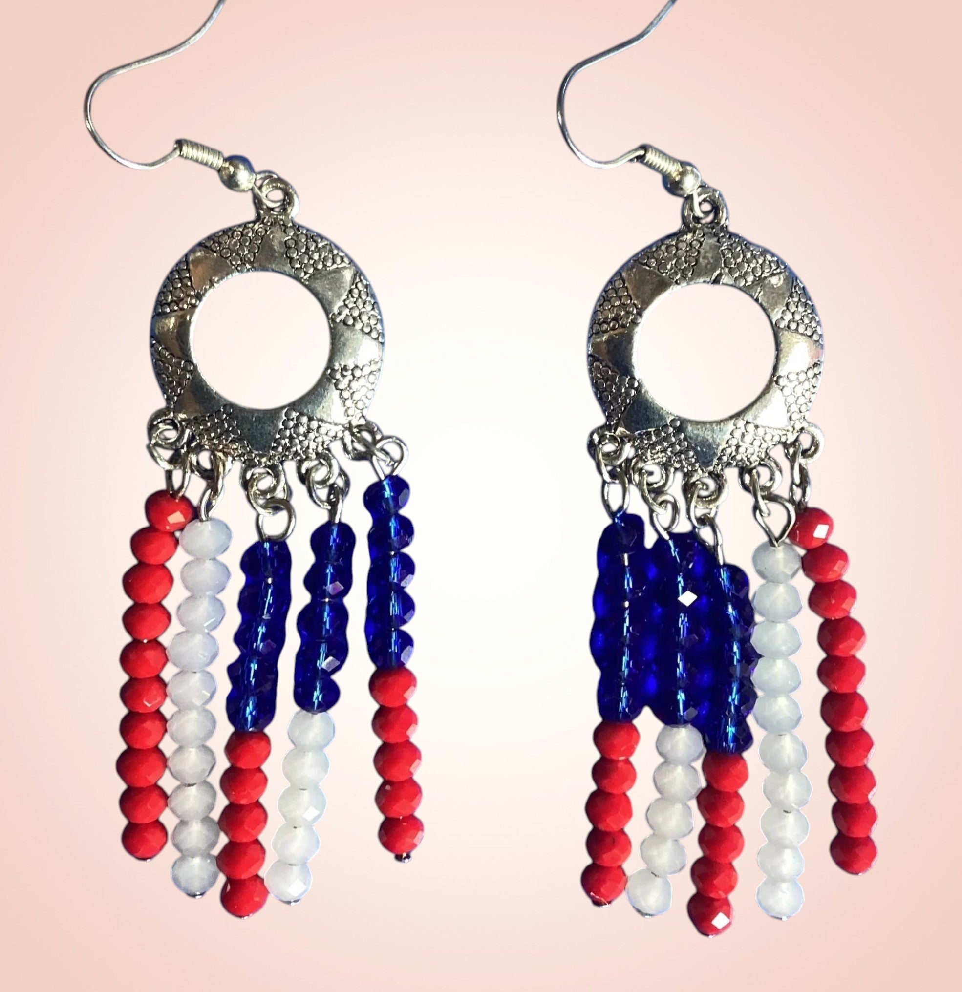 Heartfelt Creations patriotic beaded fringe dangle earrings with red, white, and blue glass beads and silver charms.
