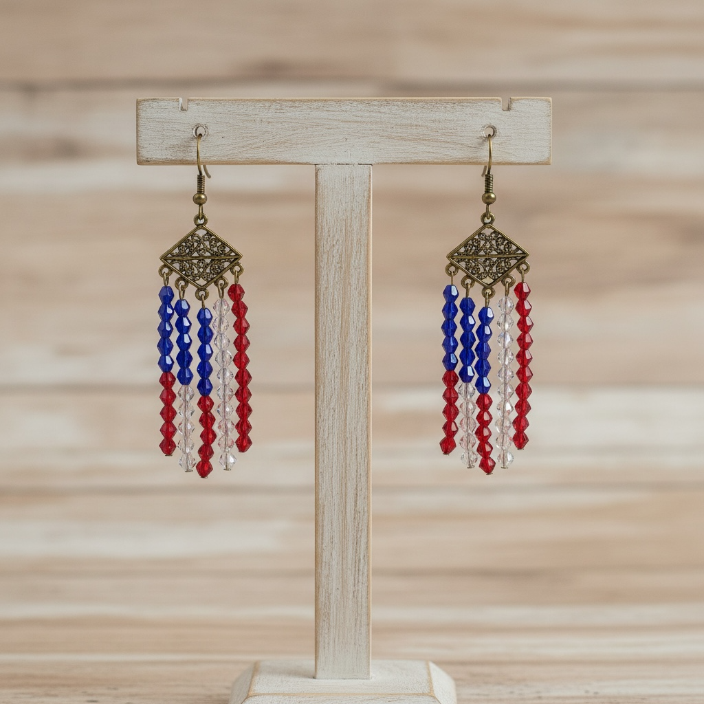 A pair of dangling crystal earrings displayed on a small wooden stand against a softly blurred light wood background. Each earring has an antique gold-tone filigree top with dangling strands of faceted beads in red, blue, and clear, arranged like the American flag.