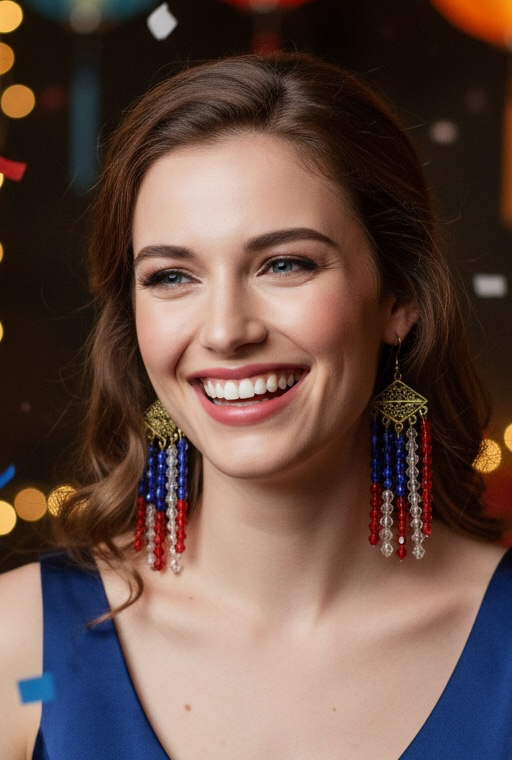 Part of our USA COLLECTION, ornate dangling earrings with gold-tone tops and red, blue, and white bead tassels, photographed against a dark festive background with blurred lights.  Very BEAUTIFUL