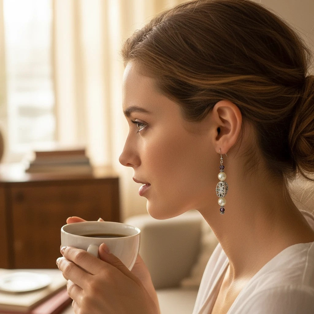 Heartfelt Creations pearl and amethyst crystal dangle earrings worn by a woman holding a coffee cup