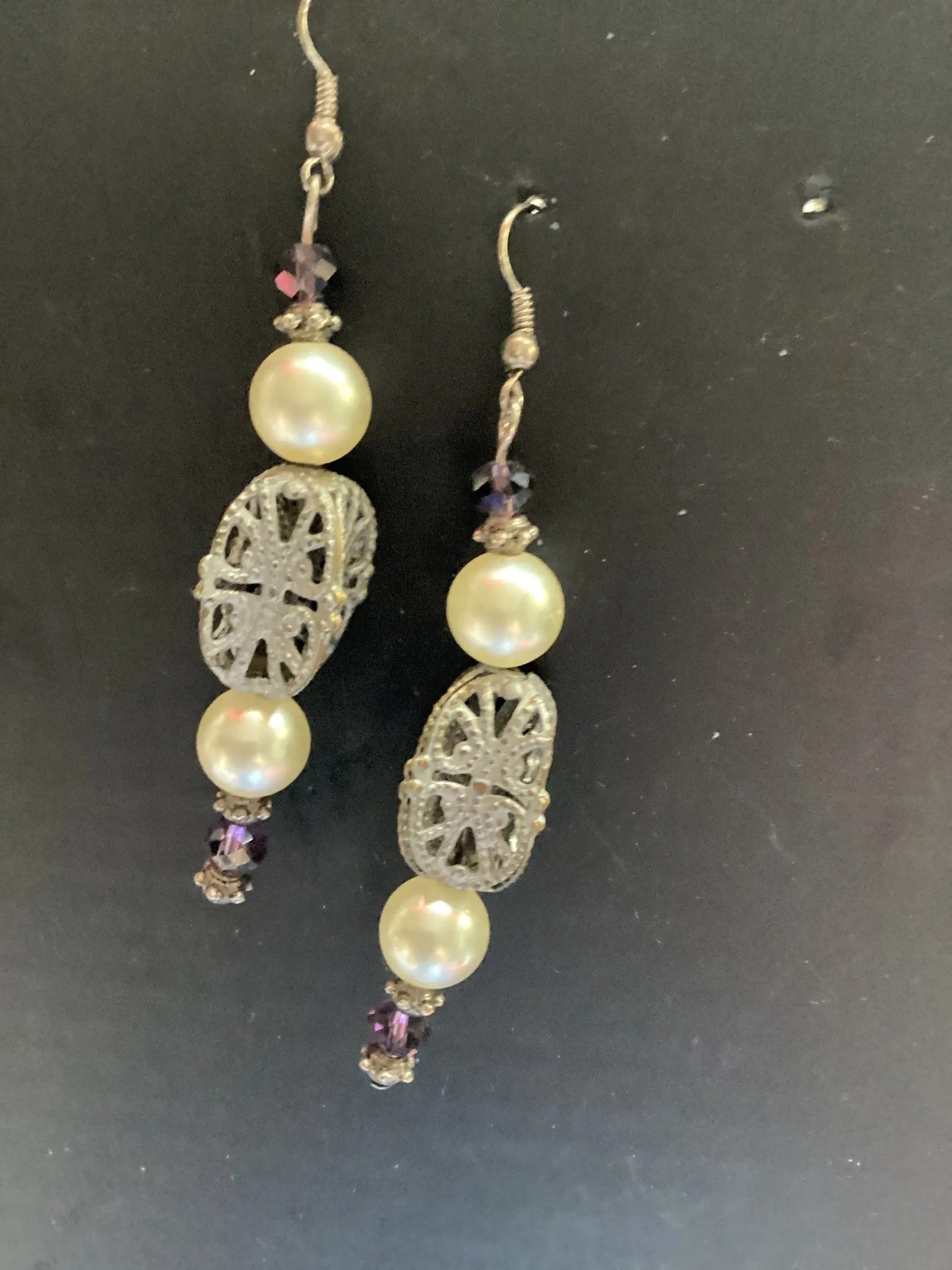 Heartfelt Creations elegant dangle earrings with cream pearls, silver filigree beads, and amethyst crystals.