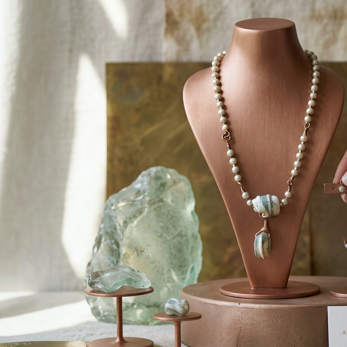 Heartfelt Creations handcrafted pearl necklace with sage and cream stone pendants wrapped in polished copper wire.
