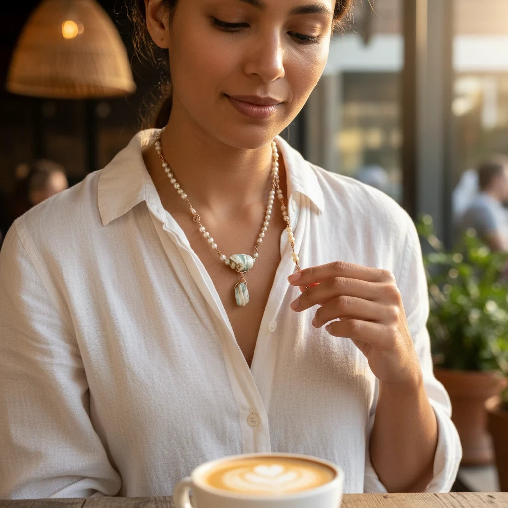 Heartfelt Creations handcrafted necklace with sage and cream sea-glass stones, copper wire, and pearls .