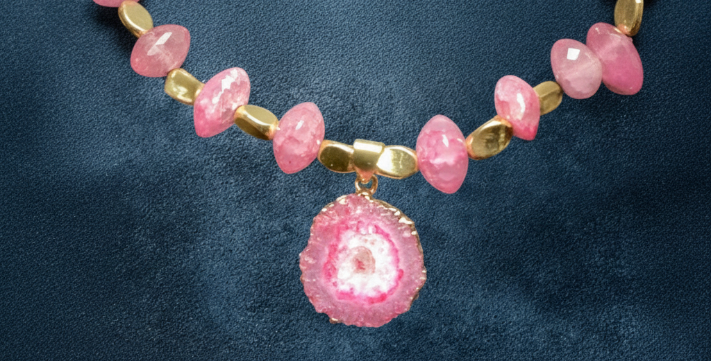 Hand-Crafted, Beaded Necklace with Pink Druzy Pendant and Earring Set