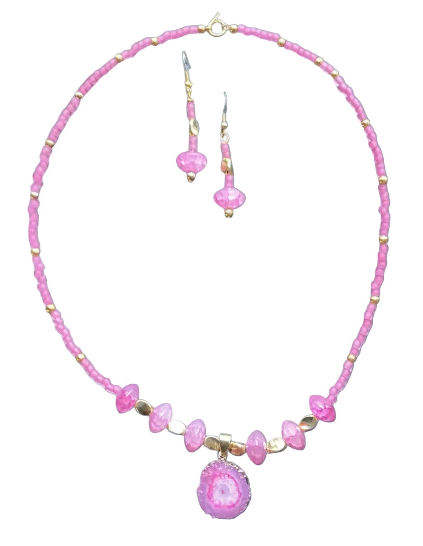 Heartfelt Creations hand-crafted pink beaded necklace and earring set with a shimmering druzy agate pendant and gold-toned spacers.