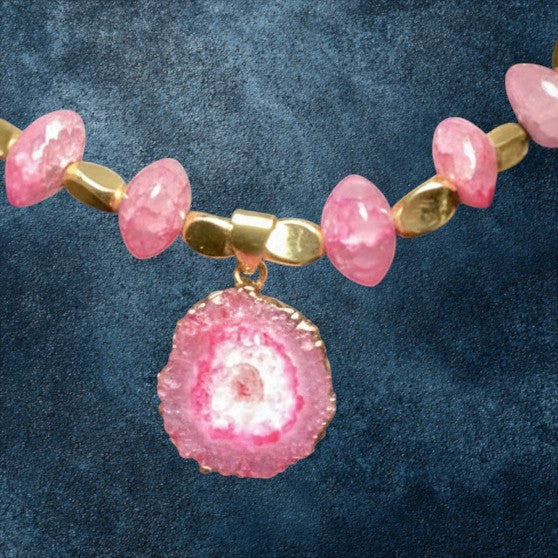 Heartfelt Creations hand-crafted  pink druzy agate pendant necklace with vibrant seed beads and gold-toned spacers