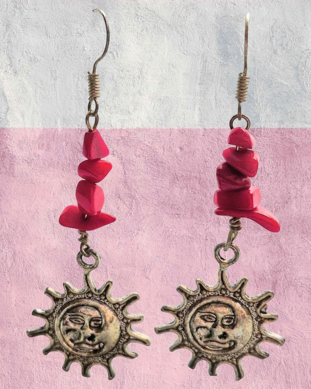 Heartfelt Creations celestial sun drop earrings with hot pink stone chips and antique silver sun pendants on hooks.