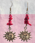Heartfelt Creations celestial sun drop earrings with hot pink stone chips and antique silver sun pendants on hooks.