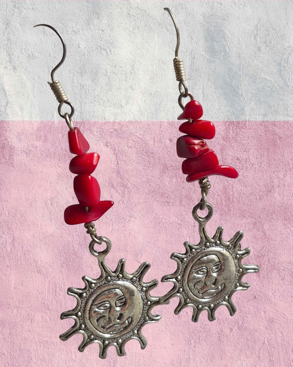 Heartfelt Creations celestial drop earrings featuring hot pink stone chips and antique silver sun face pendants.
