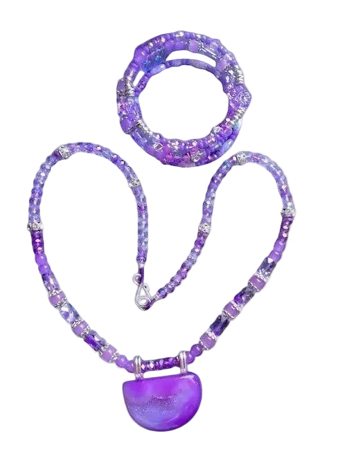 Heartfelt Creations purple agate statement necklace and matching beaded bracelet with silver-tone metal accents
