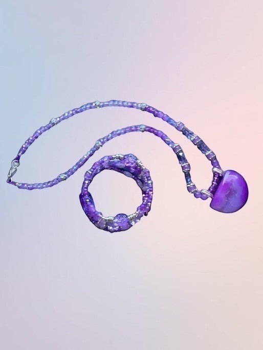 Heartfelt Creations purple agate statement necklace and matching beaded bracelet with silver-tone metal accents