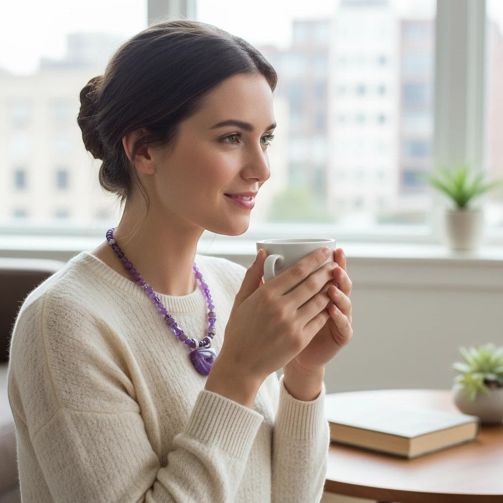 Woman wearing a Heartfelt Creations purple agate statement necklace with a white sweater while holding a coffee cup