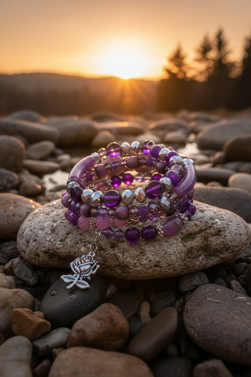Heartfelt Creations purple beaded coil bracelet with rose charm. Amethyst, lavender, and clear faceted beads.