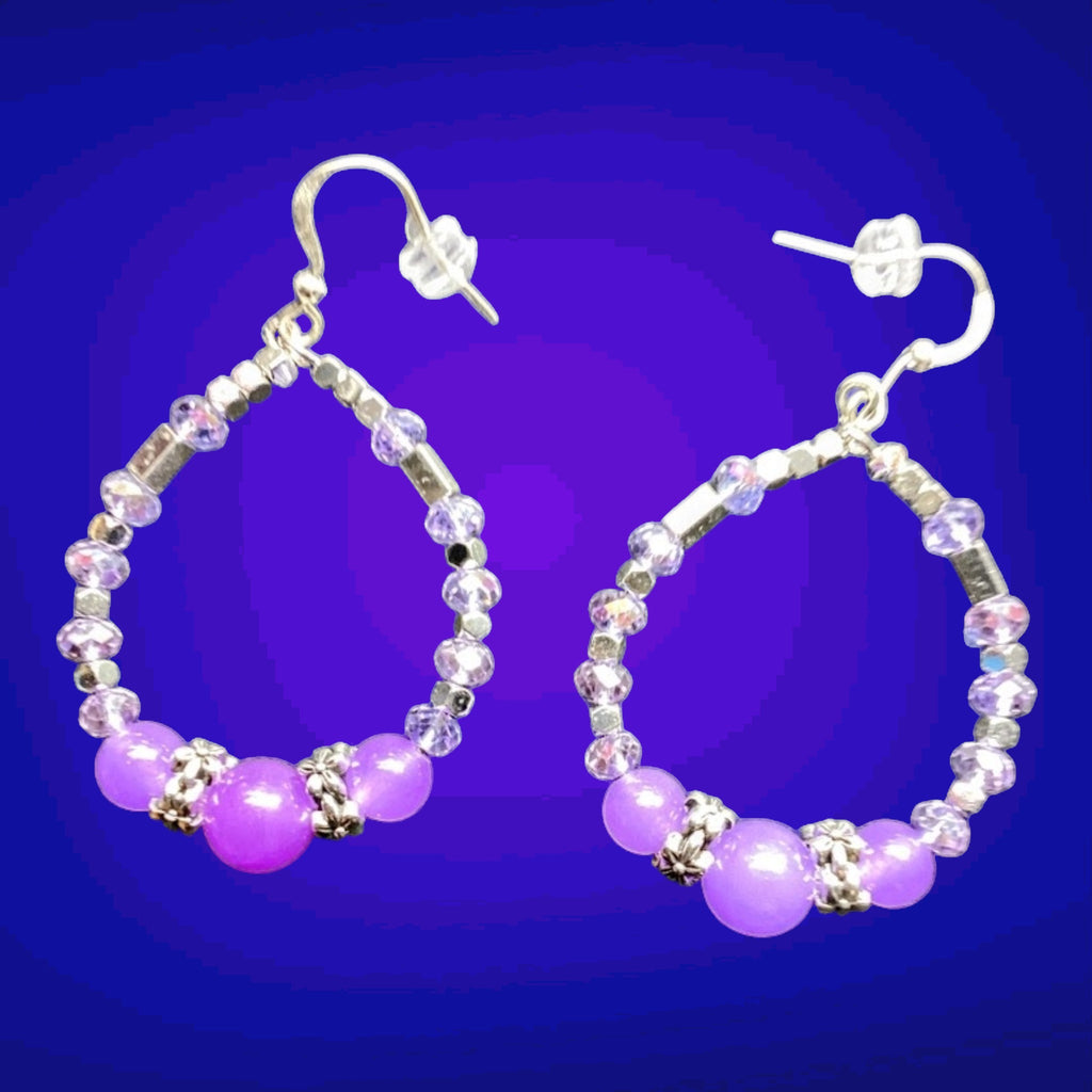 Heartfelt Creations purple beaded hoop earrings with silver accents and clear crystal beads.