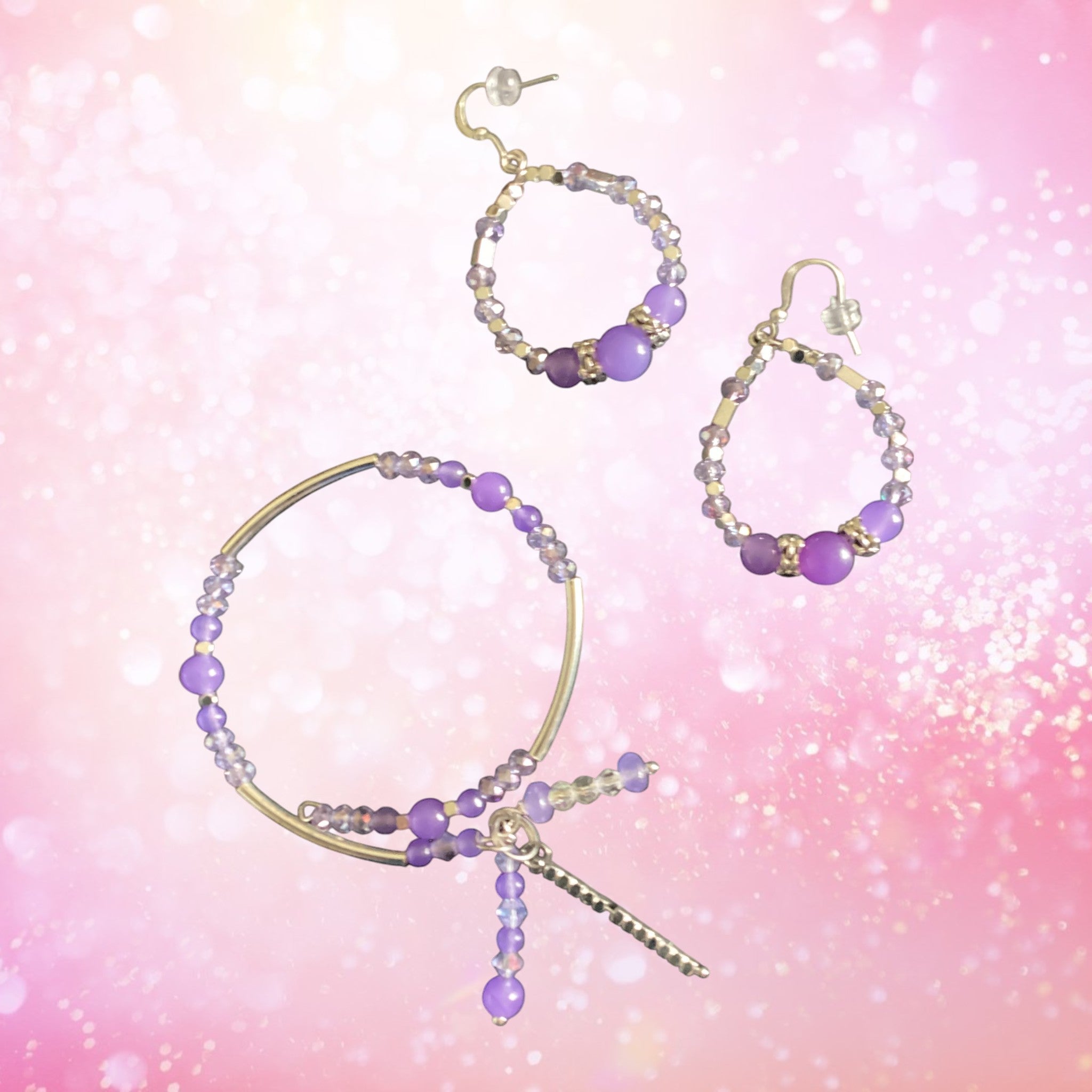 Heartfelt Creations purple beaded jewelry set with hoop earrings and bangle bracelet. Silver accents.