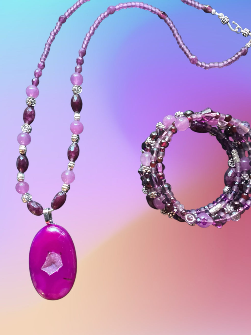 Heartfelt Creations purple beaded necklace with magenta druzy pendant and matching multi-strand bracelet set