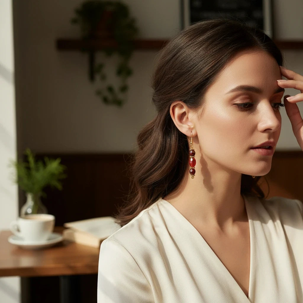 Heartfelt Creations red crystal beaded drop earrings worn by a woman in a cream blouse in a sunlit cafe setting.