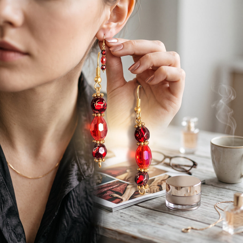 Heartfelt Creations red crystal drop earrings with gold-tone accents worn by a woman at a desk.