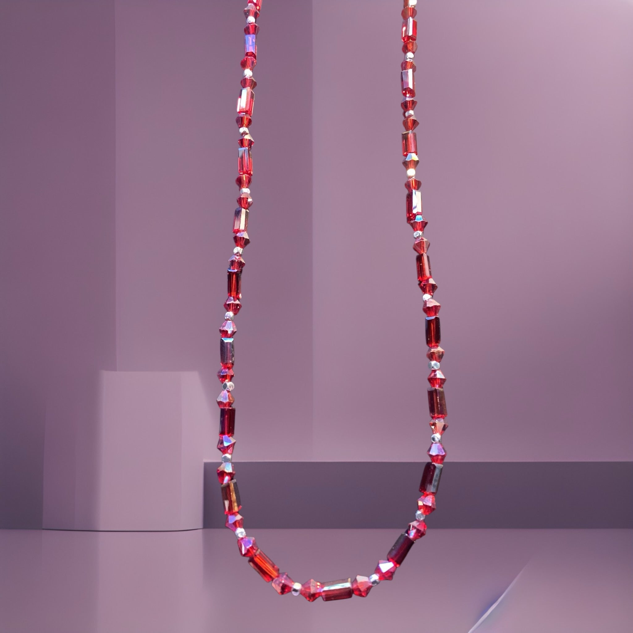 Heartfelt Creations ruby-red crystal beaded necklace with faceted rectangular beads and silver-toned accents.