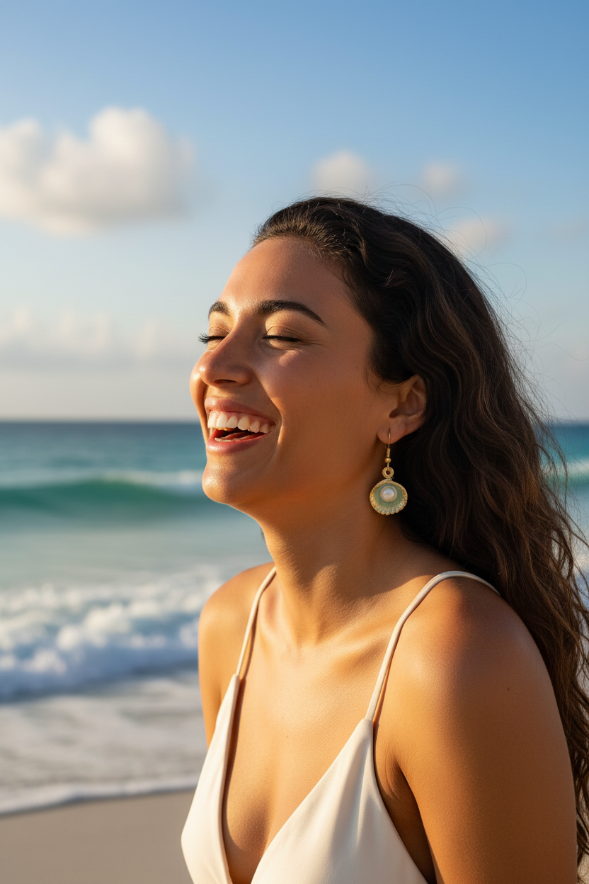 A woman with long dark hair stands on a beach, smiling with her eyes closed, wearing a white spaghetti-strap top and a dangling gold and pearl earring. The ocean waves and blue sky are blurred in the background.