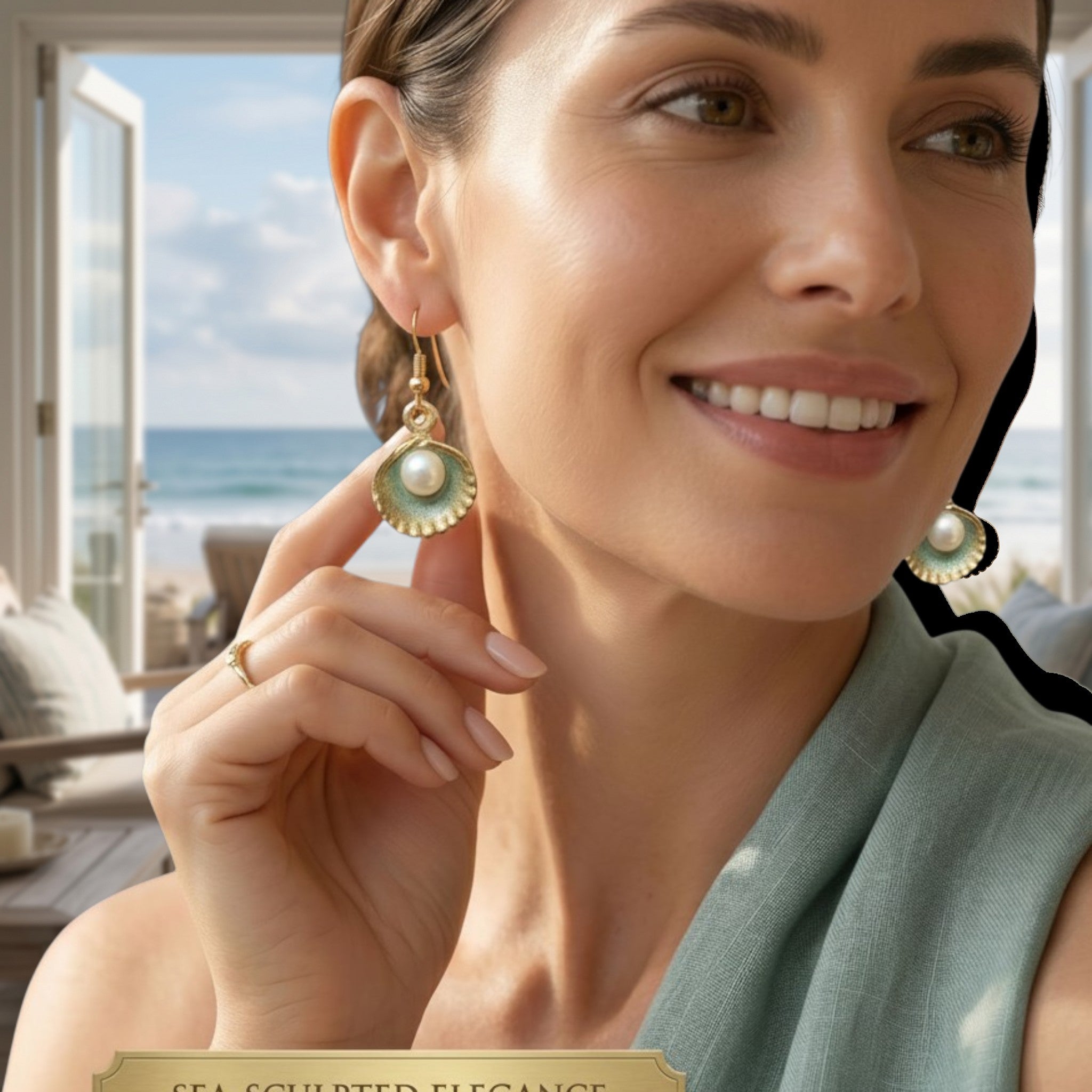 Heartfelt Creations gold tone seashell pearl dangle earrings with intricate detail and lustrous finish.