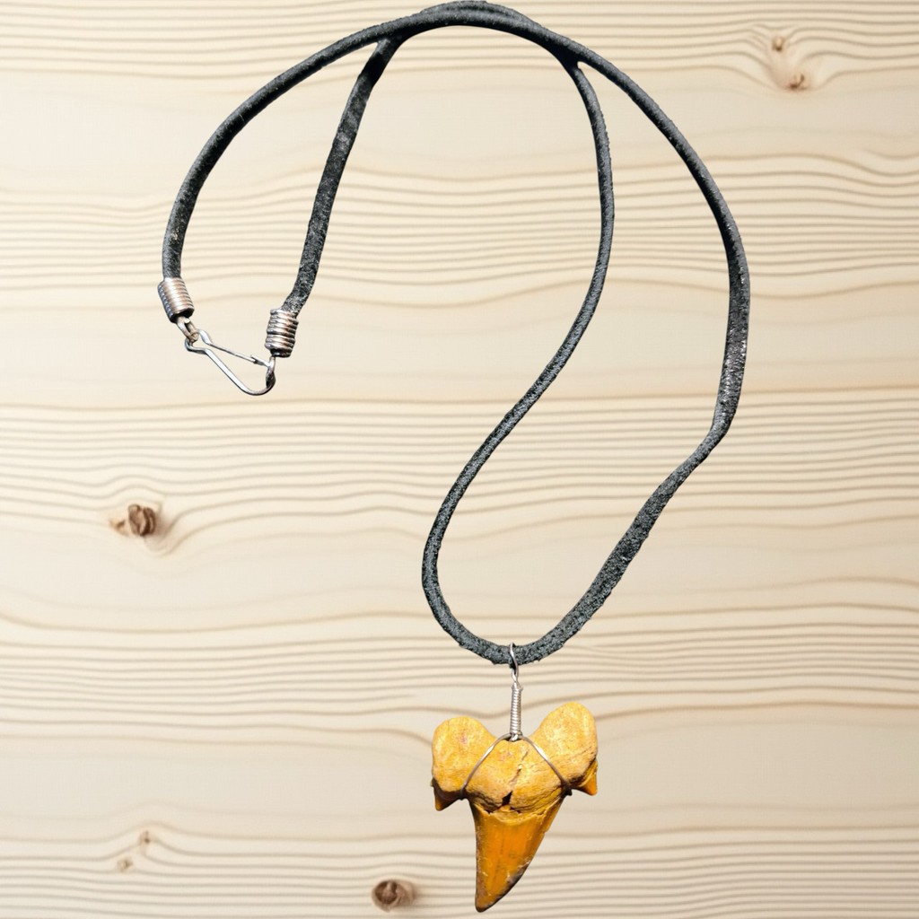 Heartfelt Creations fossilized shark tooth pendant necklace in ochre, wrapped in silver-tone wire on a dark cord.