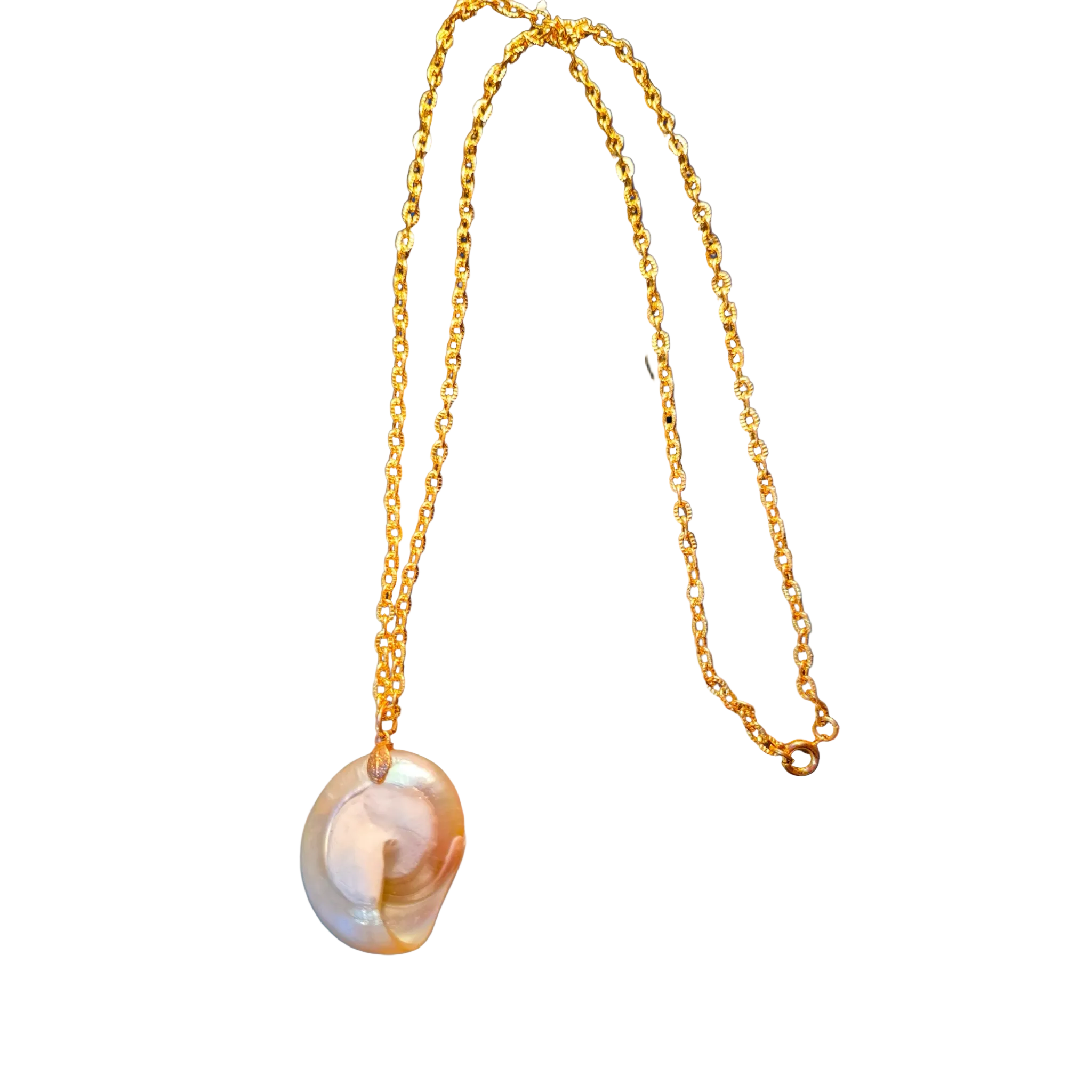 Heartfelt Creations is delighted to offer gold chain necklace featuring a large, organic-shaped pearl pendant from the shores of New Zealand!  It radiates with iridescent white, pink, and green hues, displayed with a golden chain.