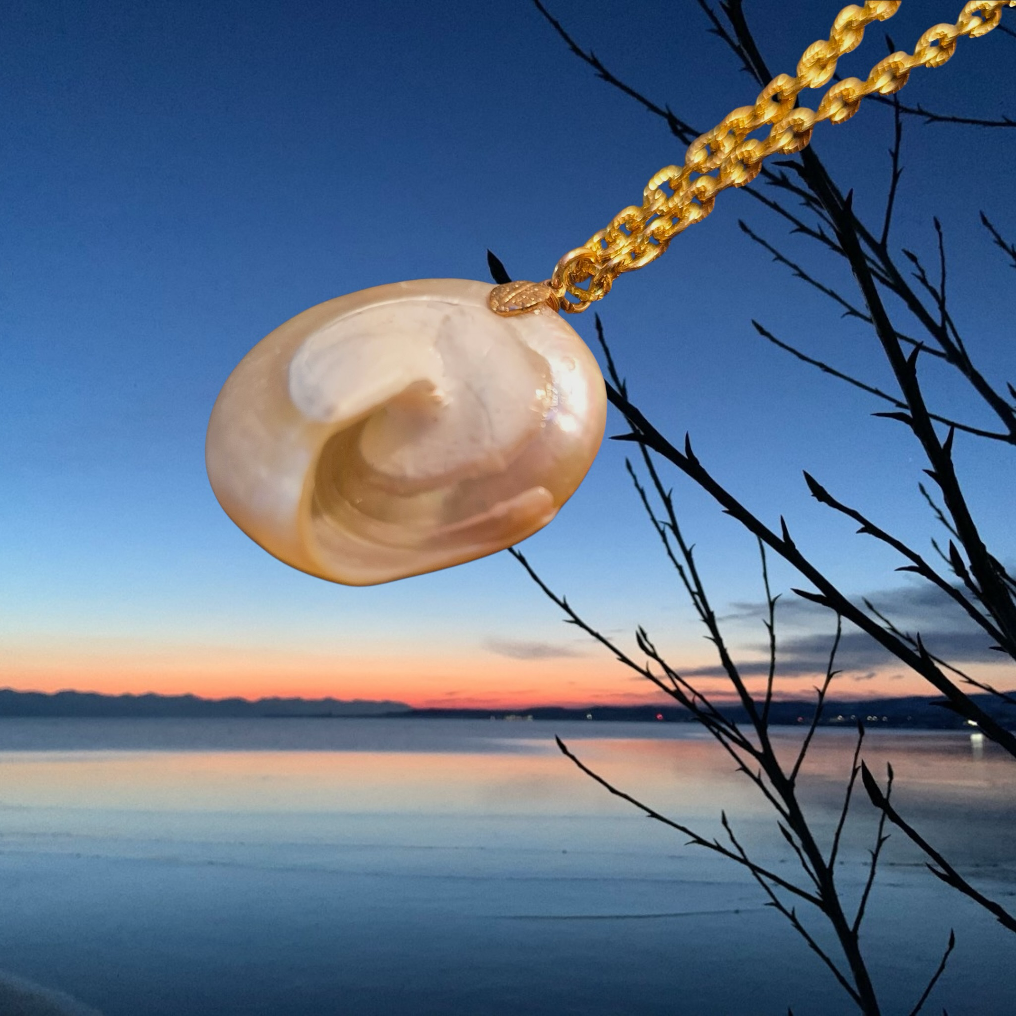 Heartfelt Creations iridescent shell pendant necklace with gold chain, unique spiral design, pearlescent finish.