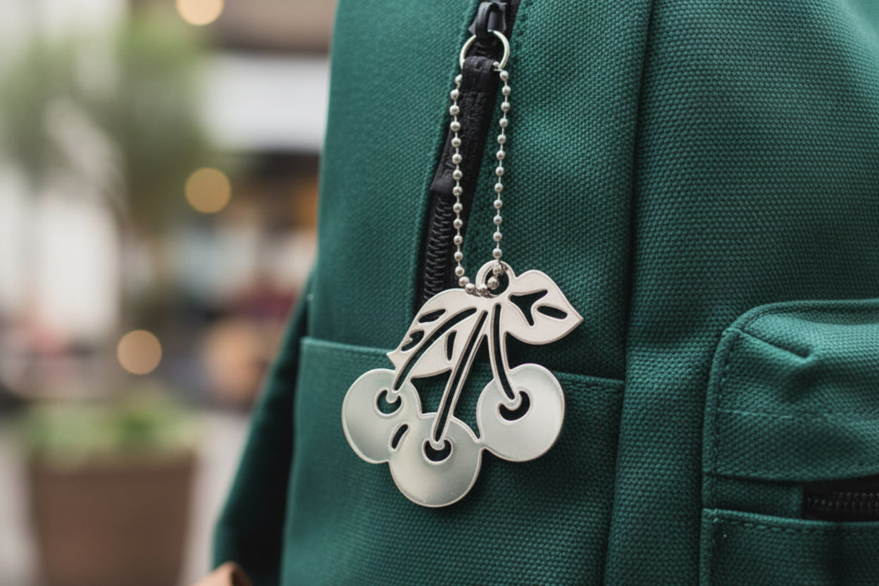 Heartfelt Creations designed this polished silver-plated brass metal cherry keychain with a die-cut design and sturdy ball-chain attachment.