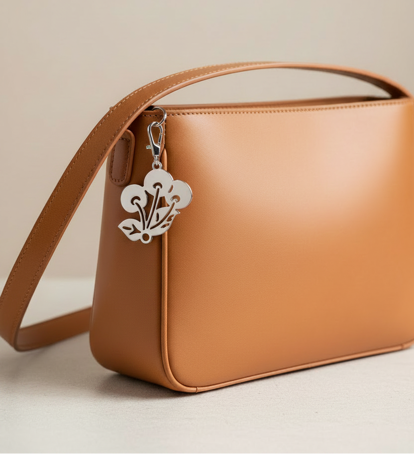 A tan leather shoulder bag with a top handle and a silver hanging charm, photographed on a clean light beige background.