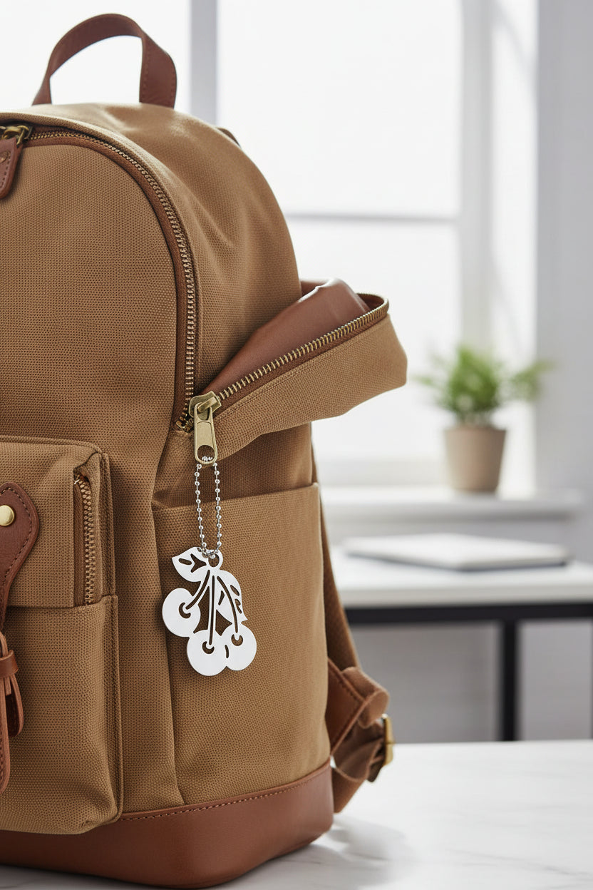 Heartfelt Creations polished silver-plated brass base metal cherry keychain with a die-cut fruit motif and ball-chain attachment.