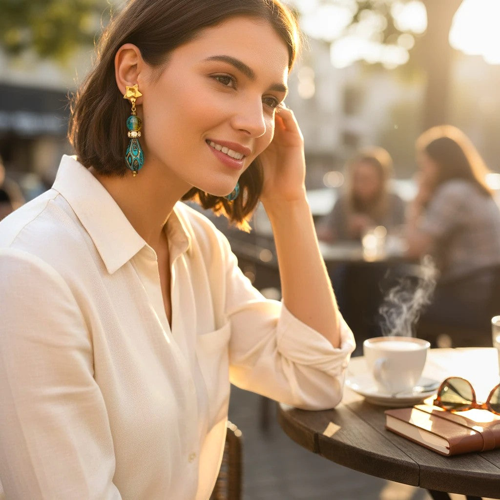 Heartfelt Creations decorative star drop earrings with blue and gold beads worn by a woman at an outdoor cafe