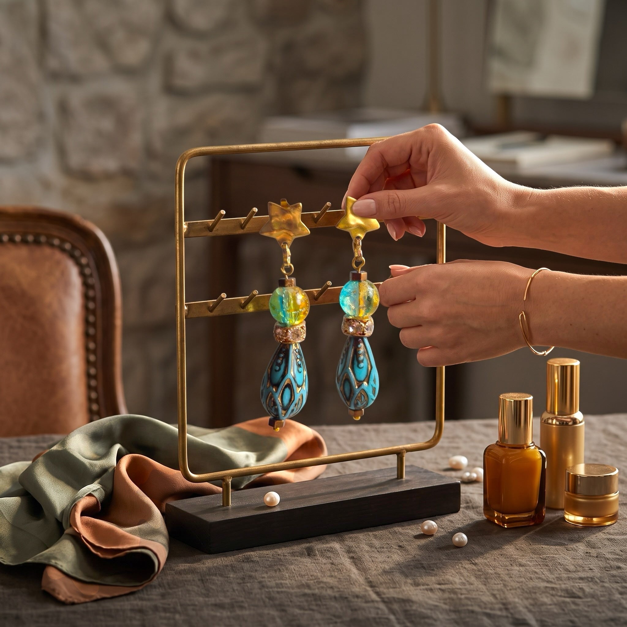 Heartfelt Creations artisan star drop earrings with blue and yellow glass beads on a gold display stand