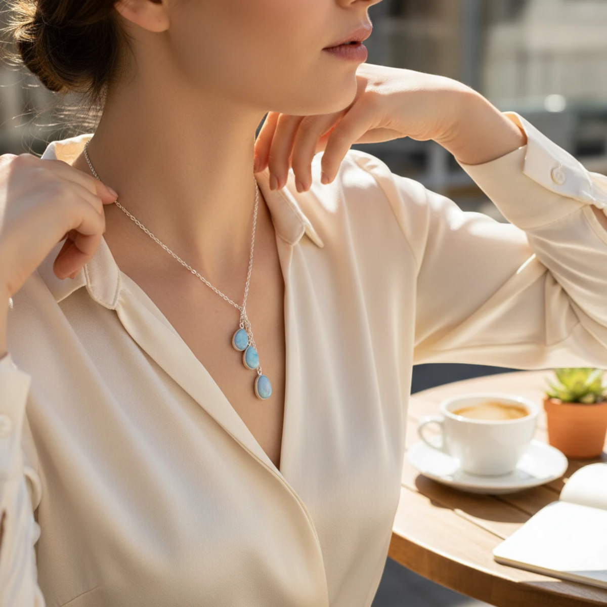 Heartfelt Creations sterling silver Y-drop necklace with three bezel-set blue opal teardrop charms on a woman