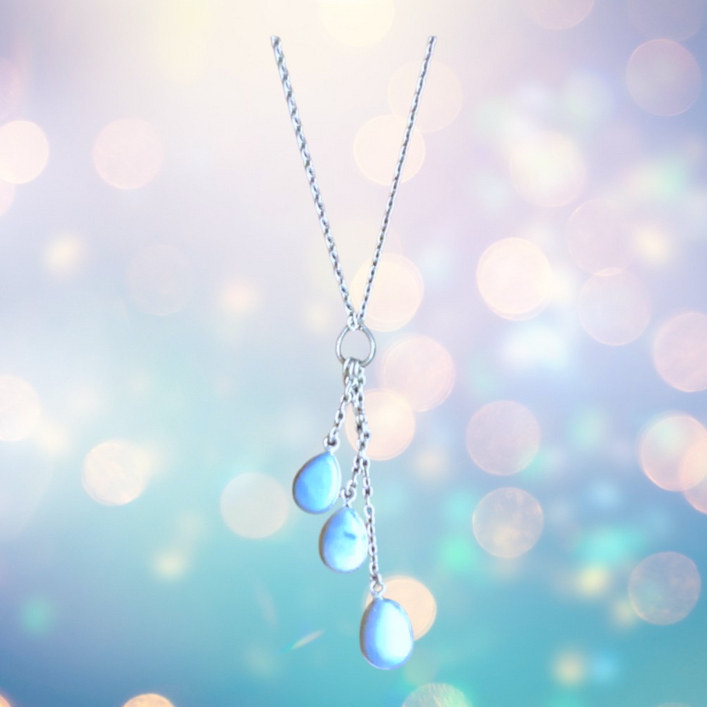Heartfelt Creations sterling silver Y-drop necklace featuring three bezel-set pear-shaped blue opal cabochon charms.