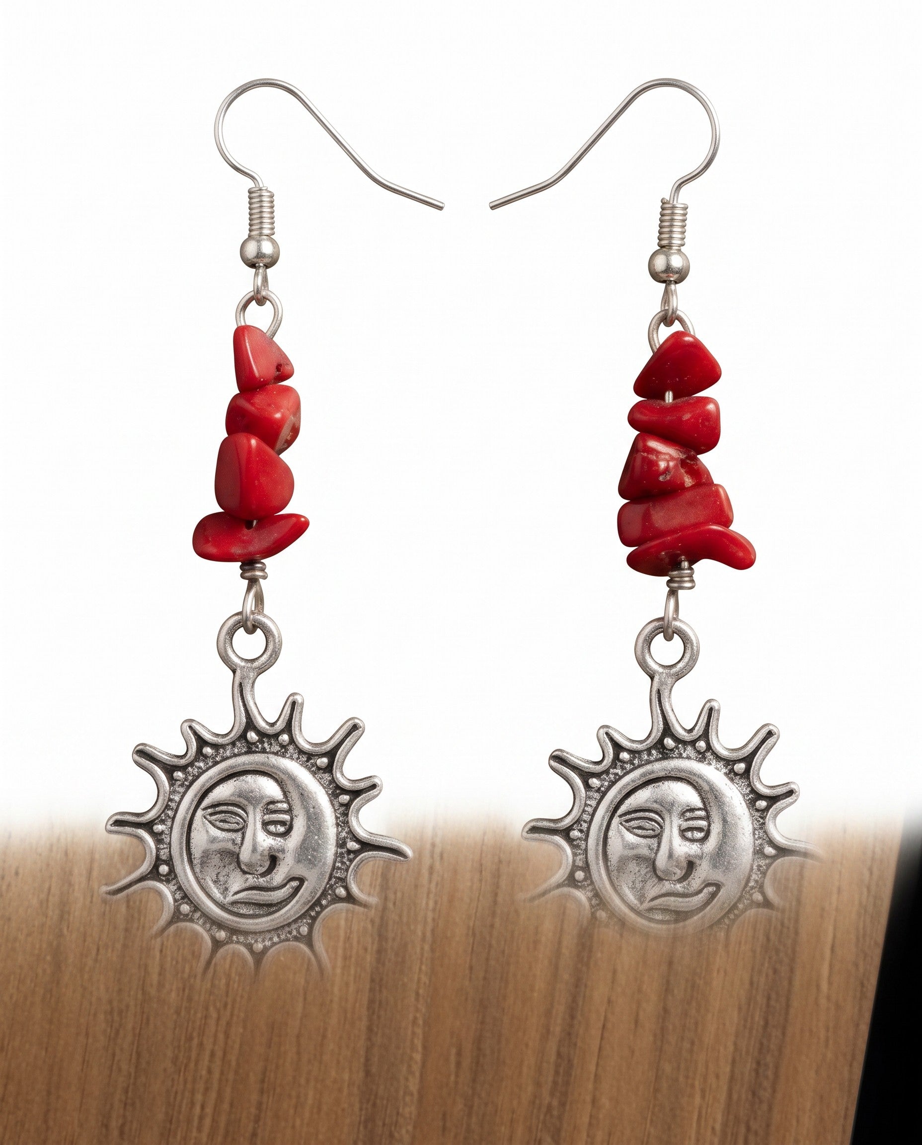 Heartfelt Creations celestial sun drop earrings featuring hot pink stone chips and antique silver sun pendants.