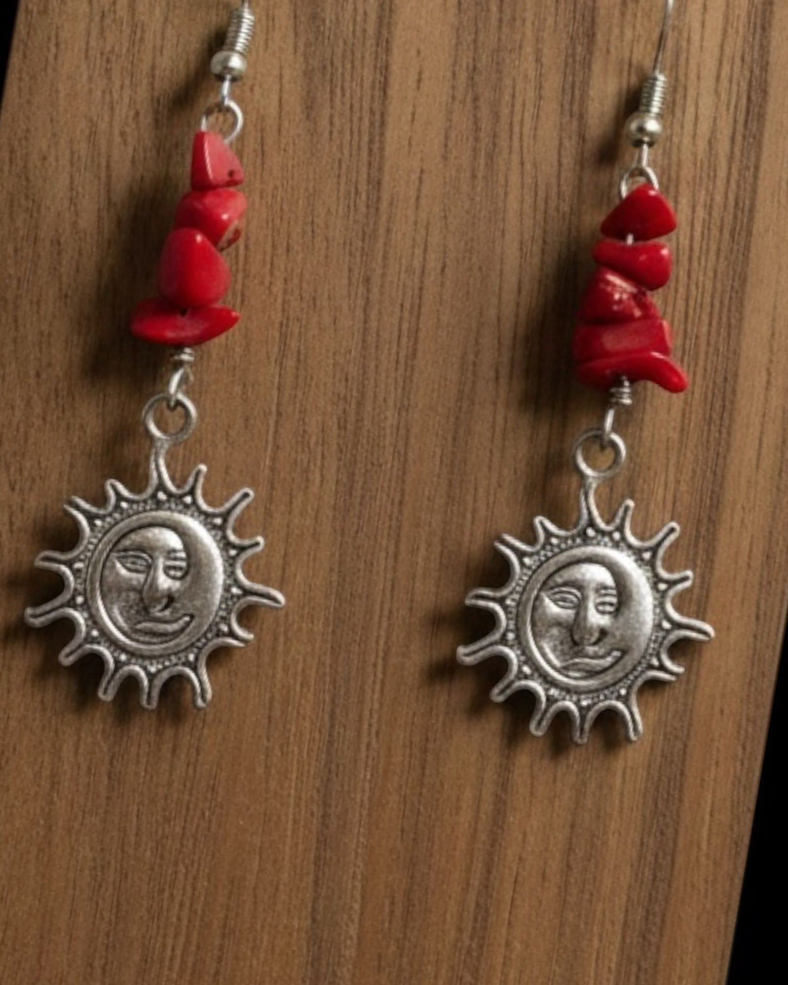 Heartfelt Creations celestial sun drop earrings with hot pink stone chips and antique silver sun face pendants