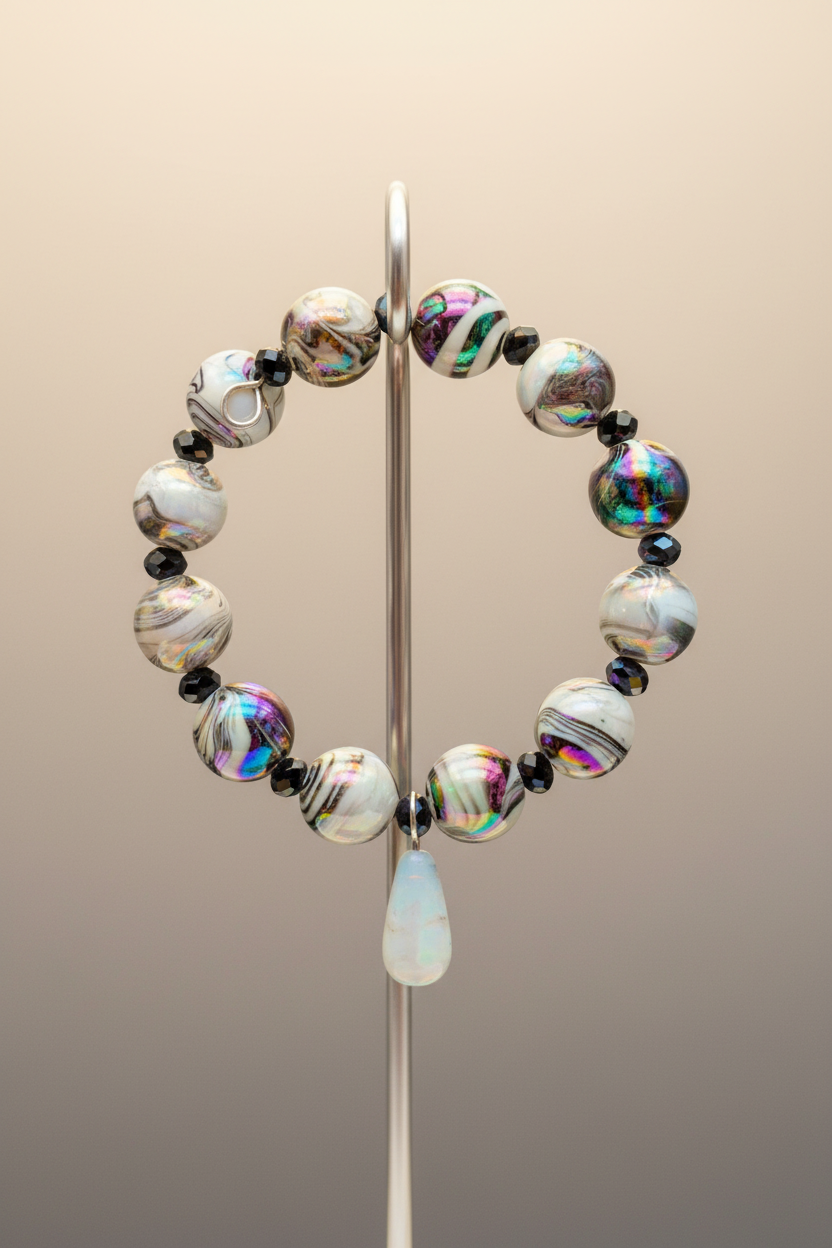 A beaded stretch bracelet displayed on a metal stand, featuring iridescent abalone shell beads, small black beads, and a teardrop-shaped white bead at the bottom.