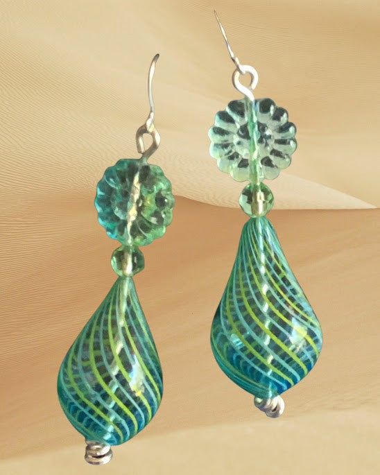 Heartfelt Creations artisan teardrop dangle earrings in teal and lime green glass with floral bead accents.