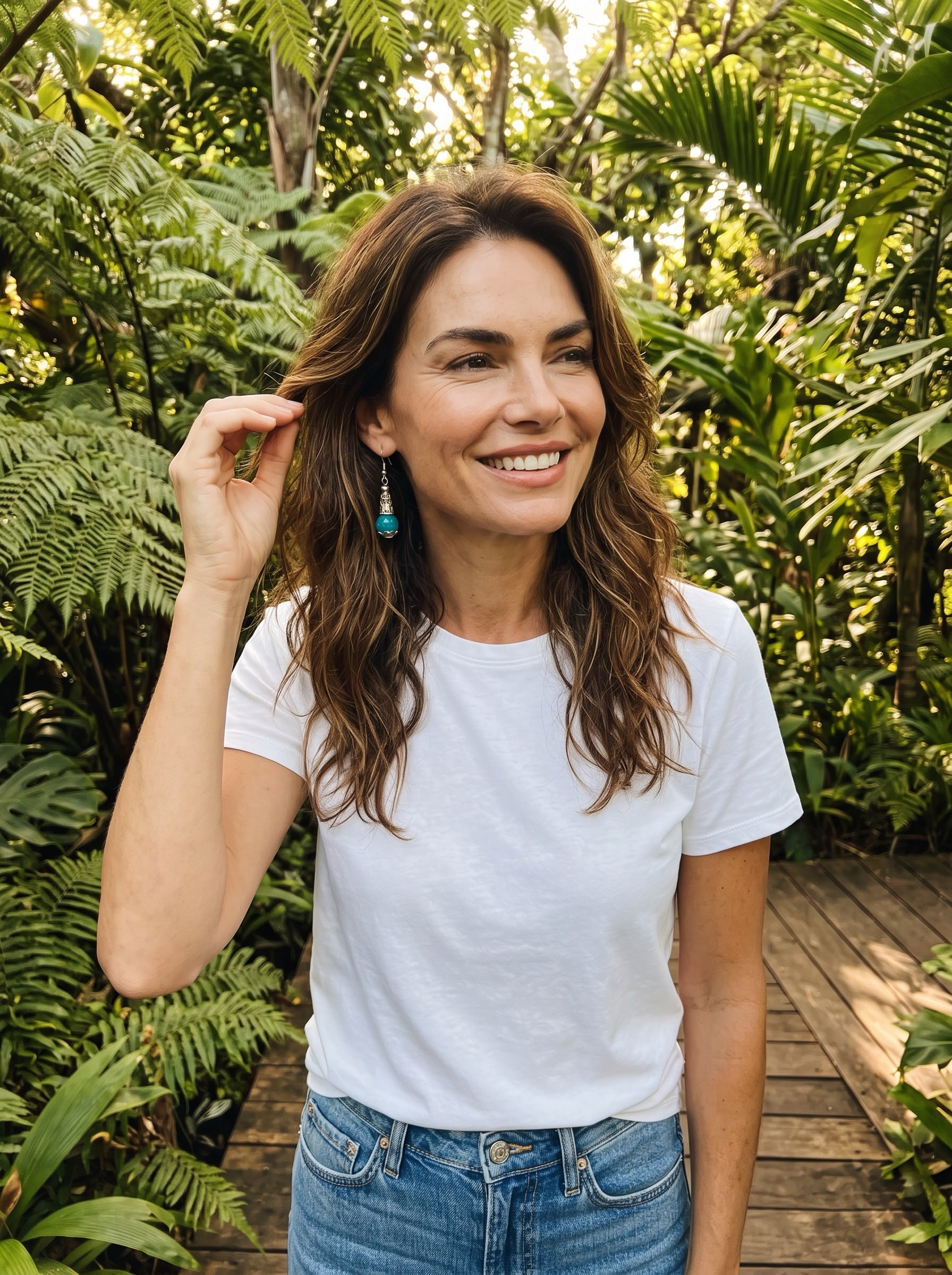 Heartfelt Creations ornate drop earrings with faceted teal stones and antiqued silver scrollwork worn by a smiling woman