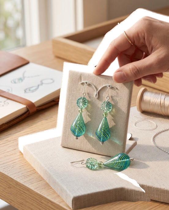 Heartfelt Creations artisan teardrop glass earrings in teal and lime green with floral beads on a display stand.